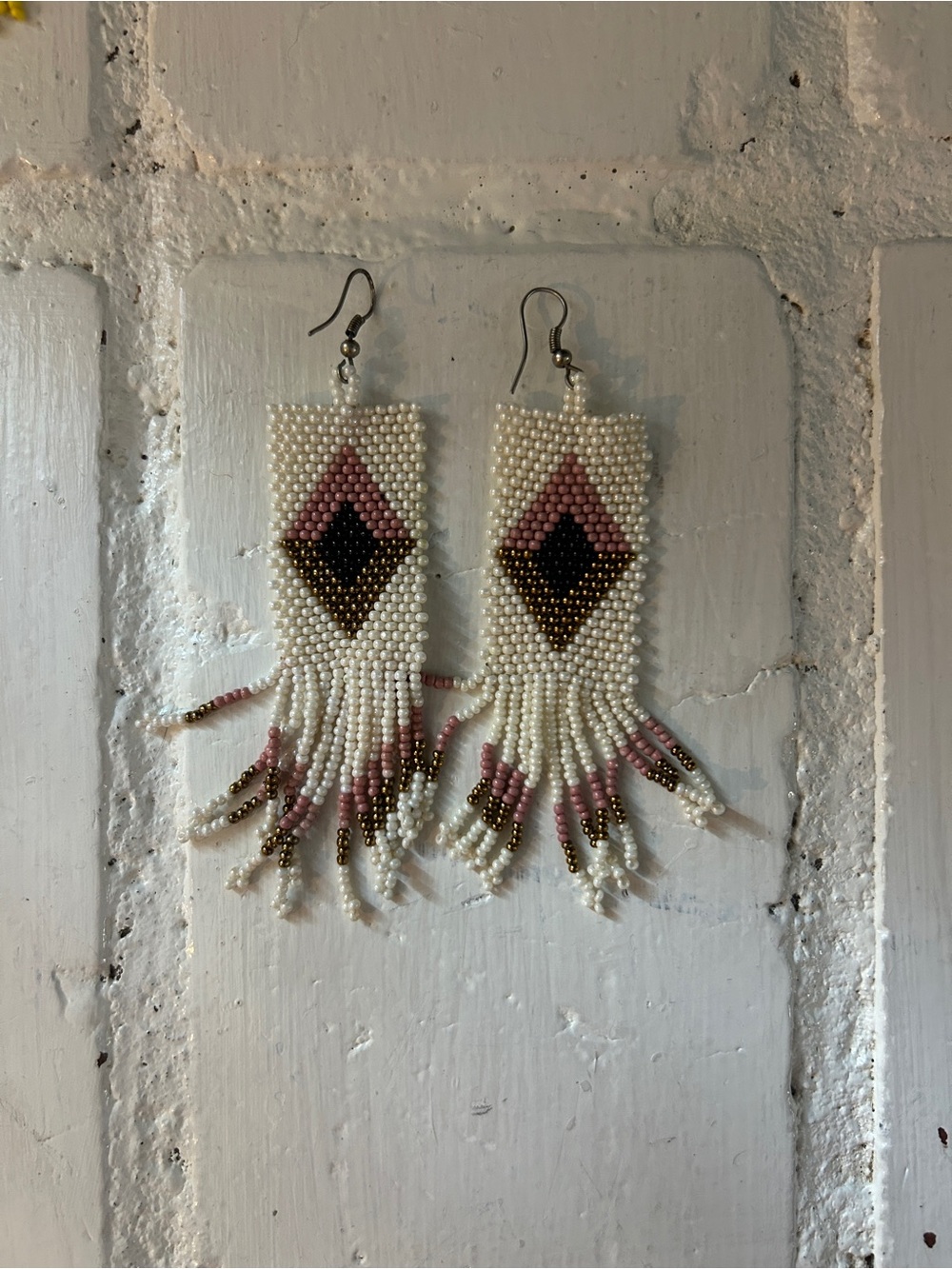 Handcrafted White Beaded Fringe Earrings with Pink and Gold Diamond Detail